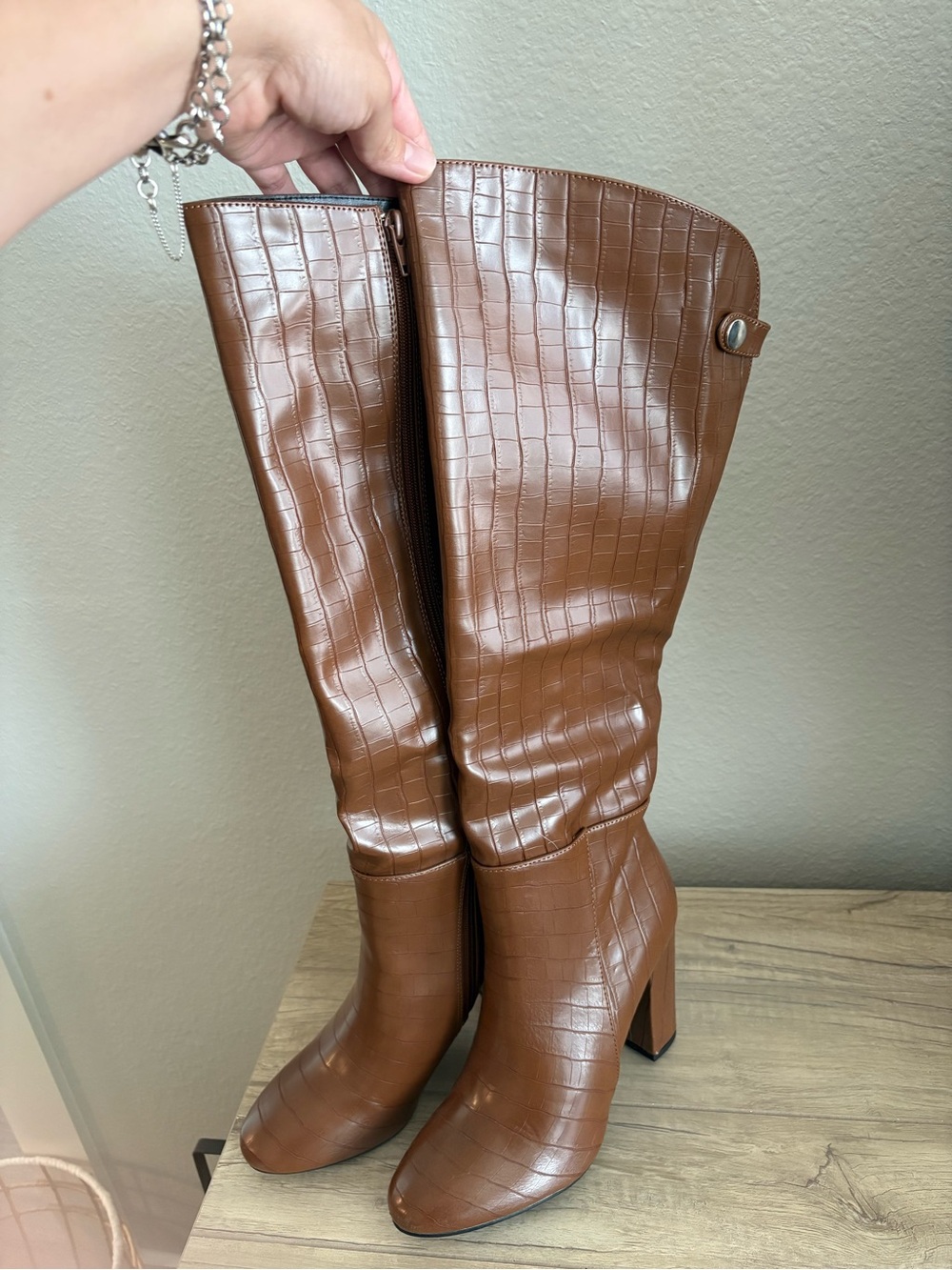 Lulu's Brown Faux-Croc Over-the-Knee Block Heel Boots - Picture 2 of 4